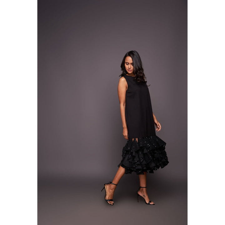 Deepika Arora Black Shift Midi Dress with Ruffled Bottom