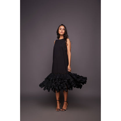 Deepika Arora Black Shift Midi Dress with Ruffled Bottom