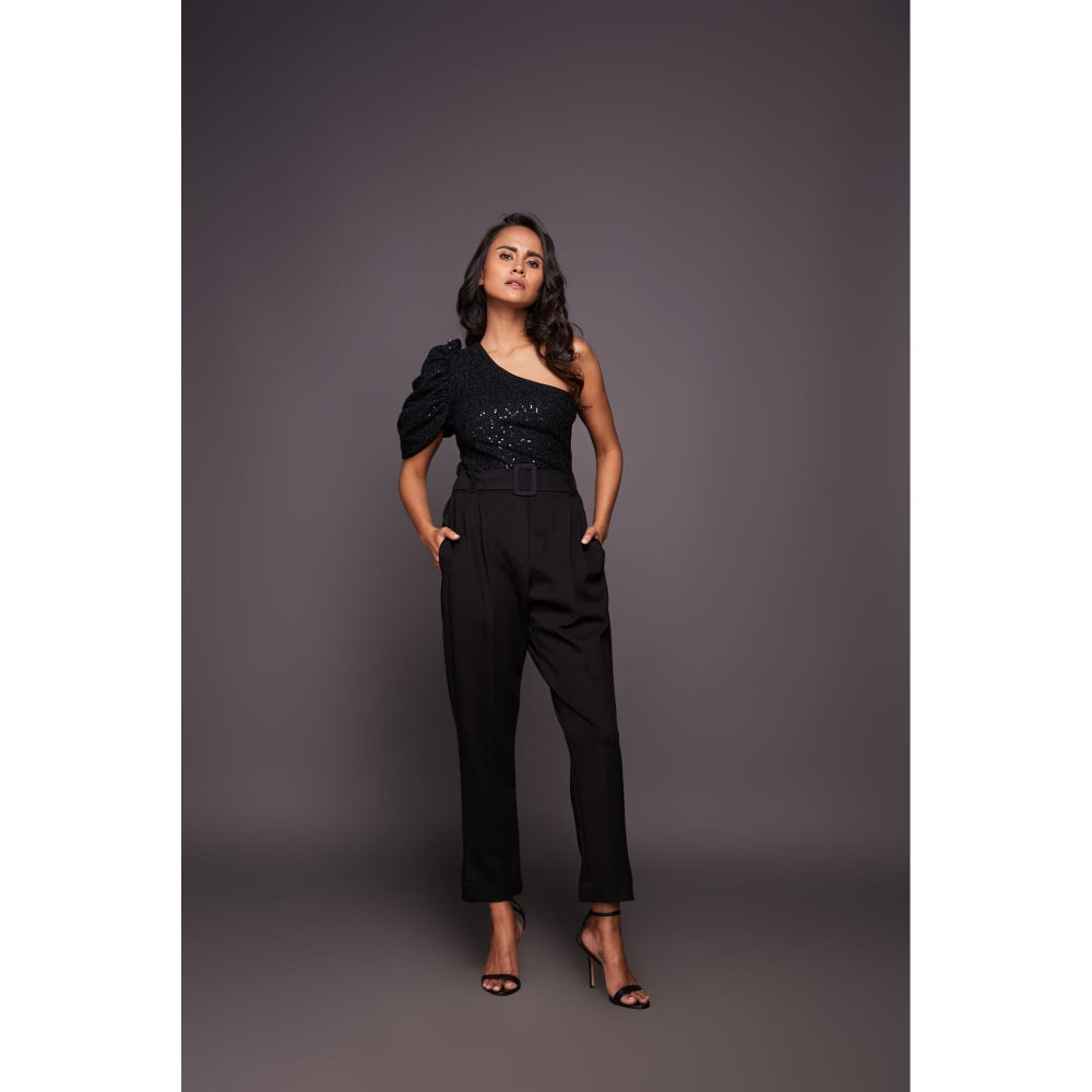 Deepika Arora Black One Shoulder Bodysuit with Straight Pant and Belt (Set of 3)
