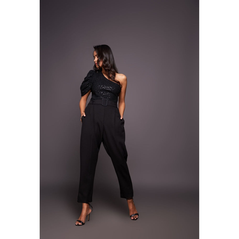 Deepika Arora Black One Shoulder Bodysuit with Straight Pant and Belt (Set of 3)