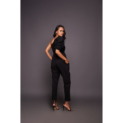 Deepika Arora Black One Shoulder Bodysuit with Straight Pant and Belt (Set of 3)