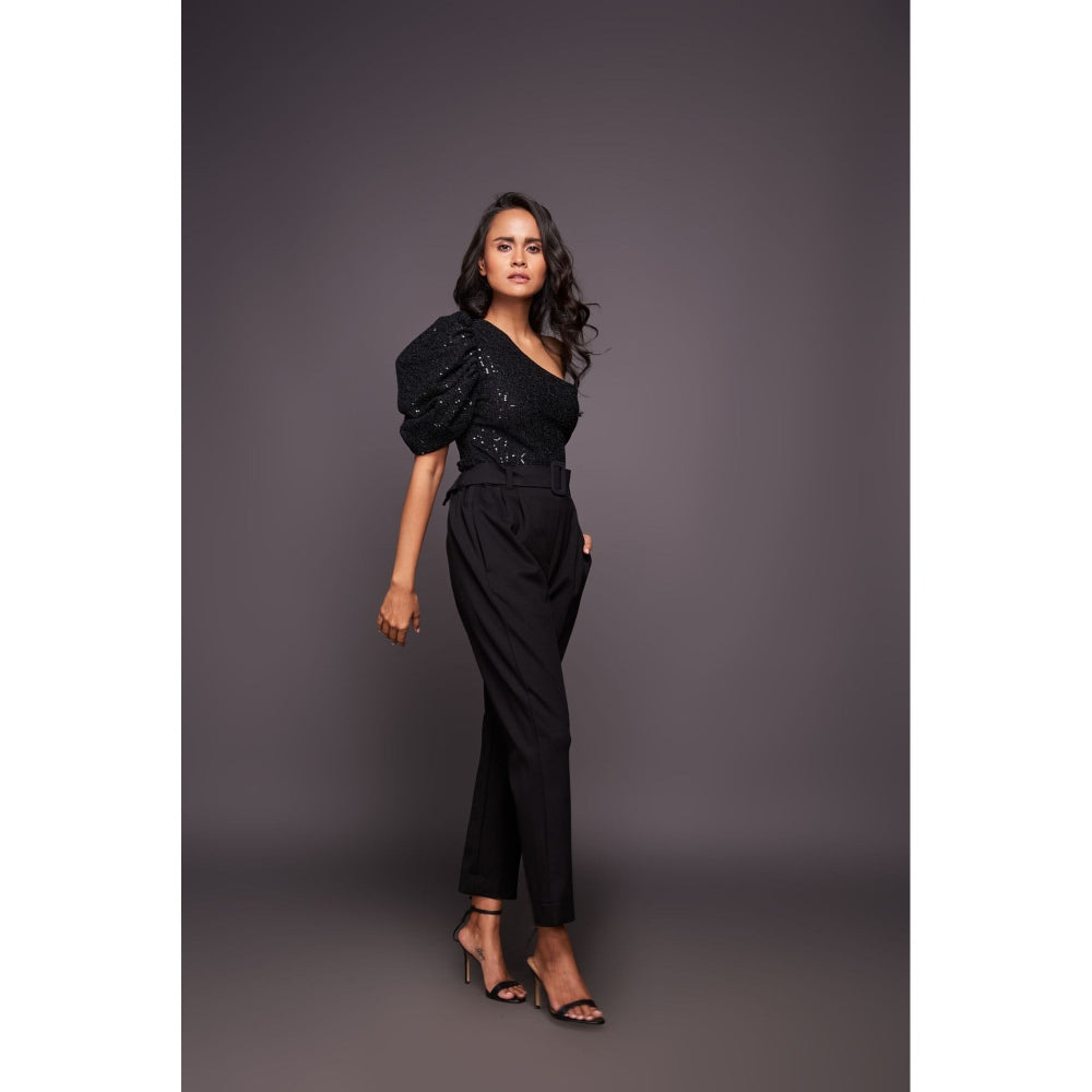 Deepika Arora Black One Shoulder Bodysuit with Straight Pant and Belt (Set of 3)