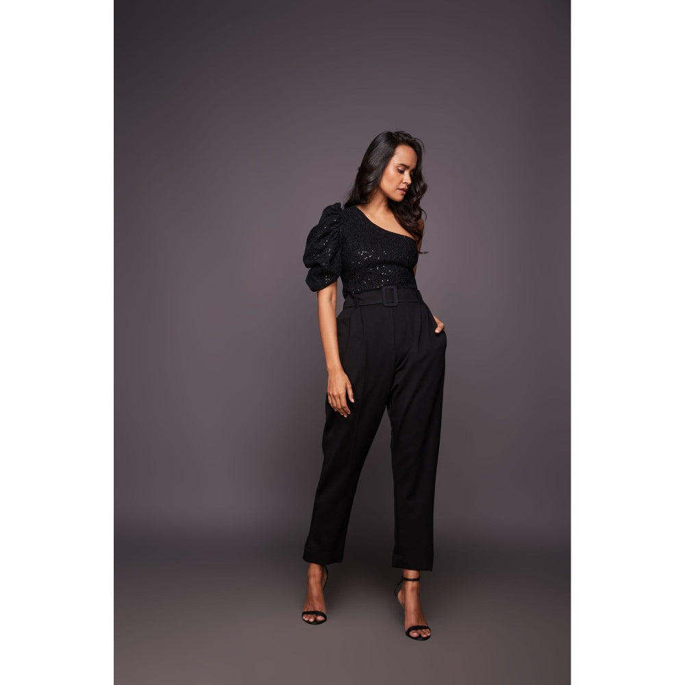 Deepika Arora Black One Shoulder Bodysuit with Straight Pant and Belt (Set of 3)