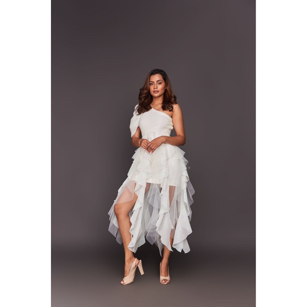Deepika Arora White One Shoulder Bodysuit with Sequin Ruffled Skirt (Set of 2)