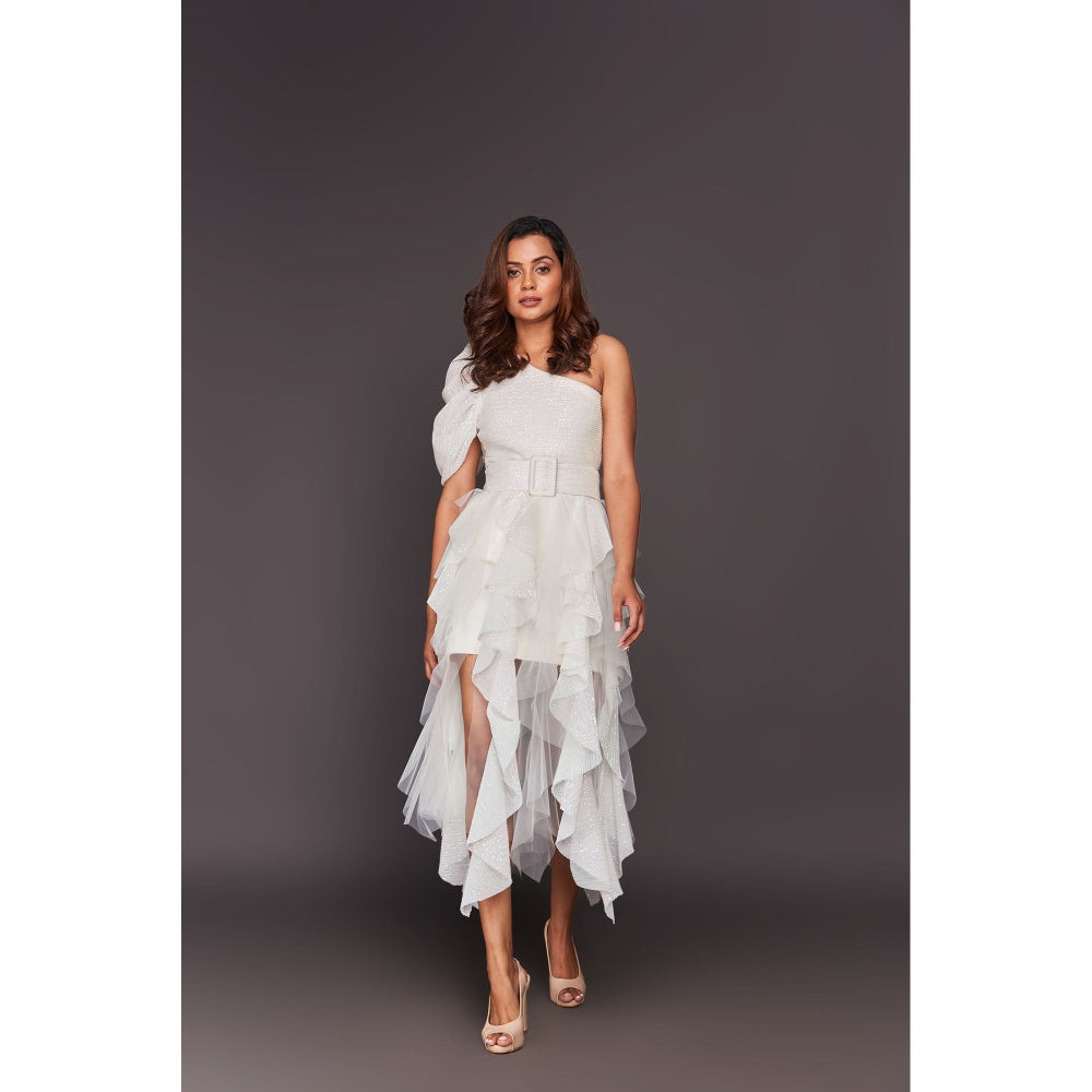 Deepika Arora White One Shoulder Bodysuit with Sequin Ruffled Skirt (Set of 2)