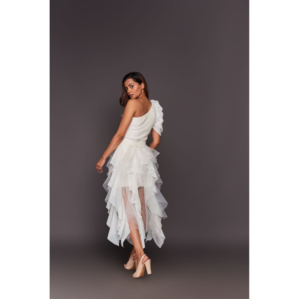 Deepika Arora White One Shoulder Bodysuit with Sequin Ruffled Skirt (Set of 2)