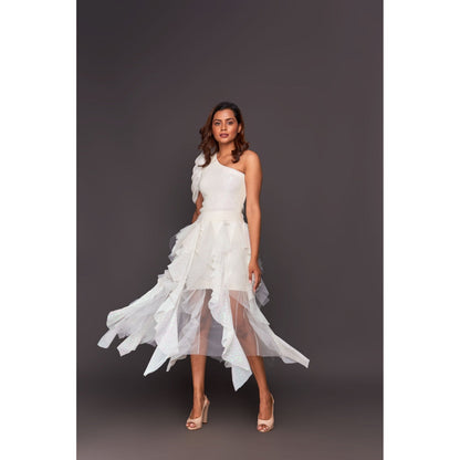 Deepika Arora White One Shoulder Bodysuit with Sequin Ruffled Skirt (Set of 2)