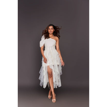 Deepika Arora White One Shoulder Bodysuit with Sequin Ruffled Skirt (Set of 2)