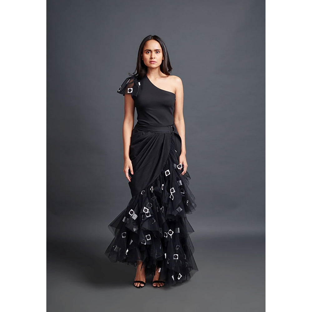 Deepika Arora Black One Shoulder Bodysuit with Skirt (Set of 2)