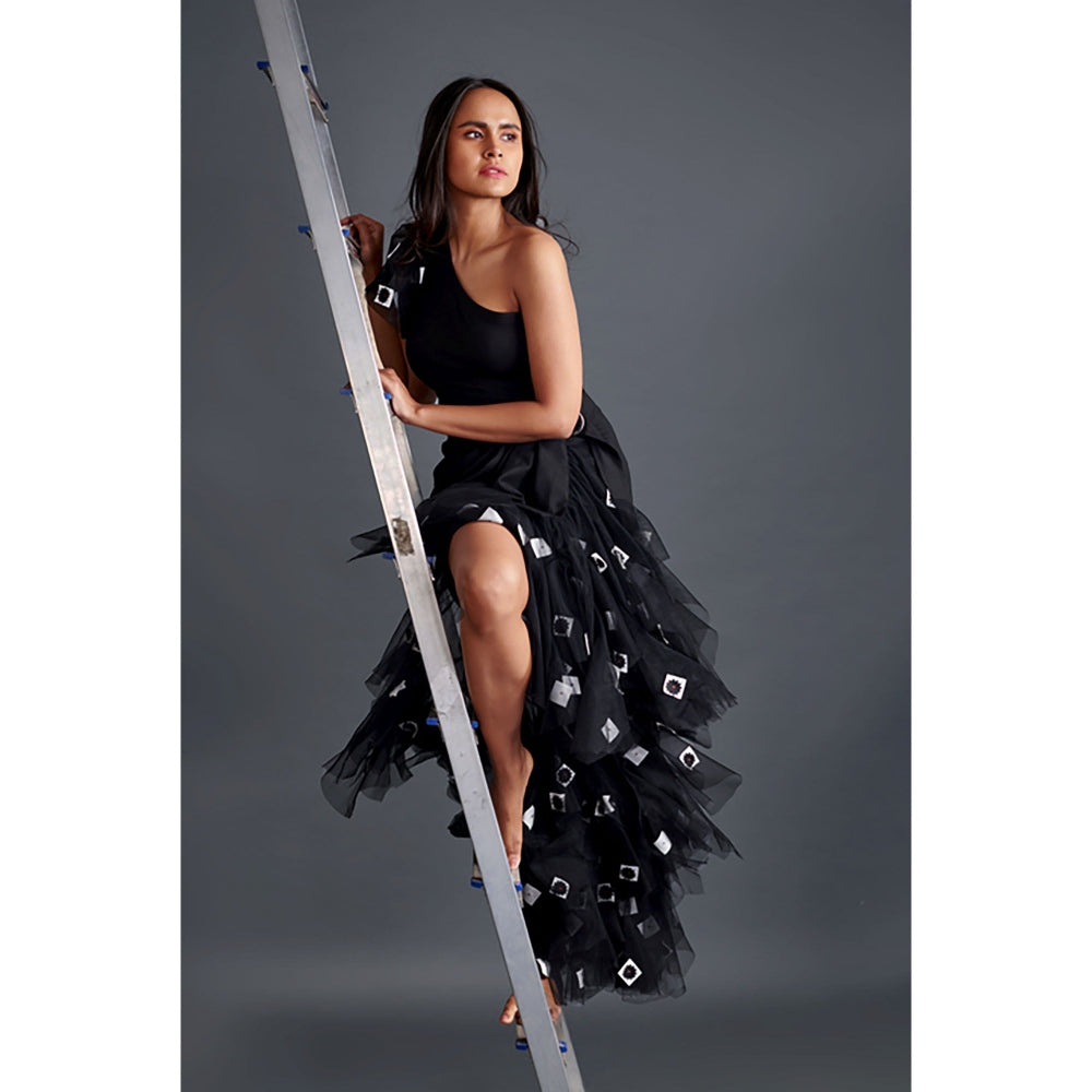 Deepika Arora Black One Shoulder Bodysuit with Skirt (Set of 2)