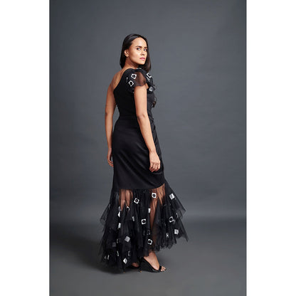 Deepika Arora Black One Shoulder Bodysuit with Skirt (Set of 2)