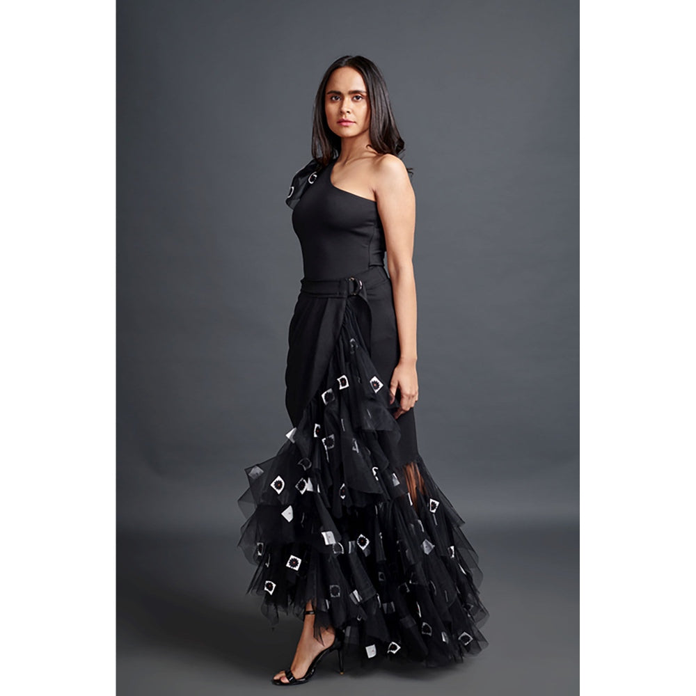 Deepika Arora Black One Shoulder Bodysuit with Skirt (Set of 2)