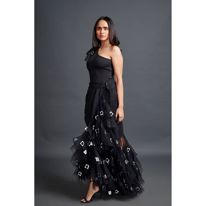 Deepika Arora Black One Shoulder Bodysuit with Skirt (Set of 2)