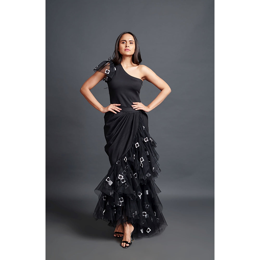 Deepika Arora Black One Shoulder Bodysuit with Skirt (Set of 2)