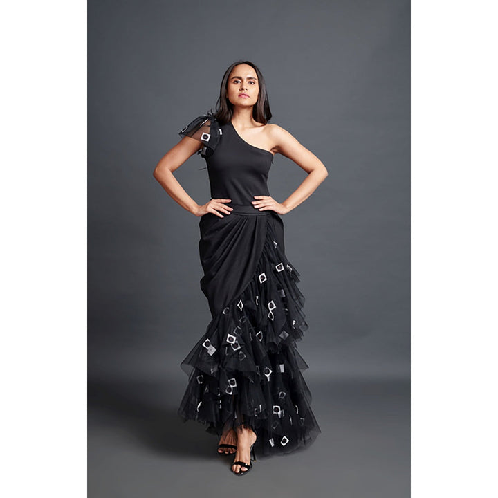 Deepika Arora Black One Shoulder Bodysuit with Skirt (Set of 2)