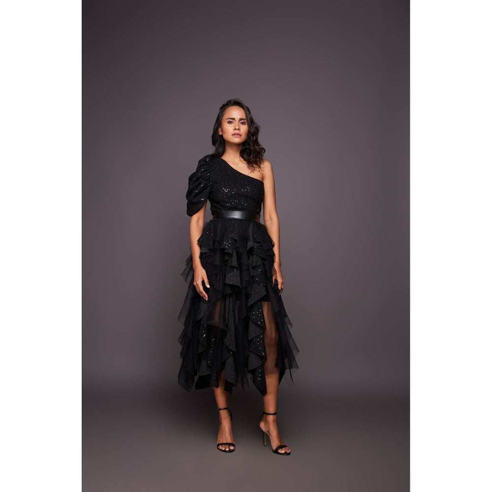 Deepika Arora Black One Shoulder Bodysuit with Sequin Ruffled Skirt and Belt (Set of 3)