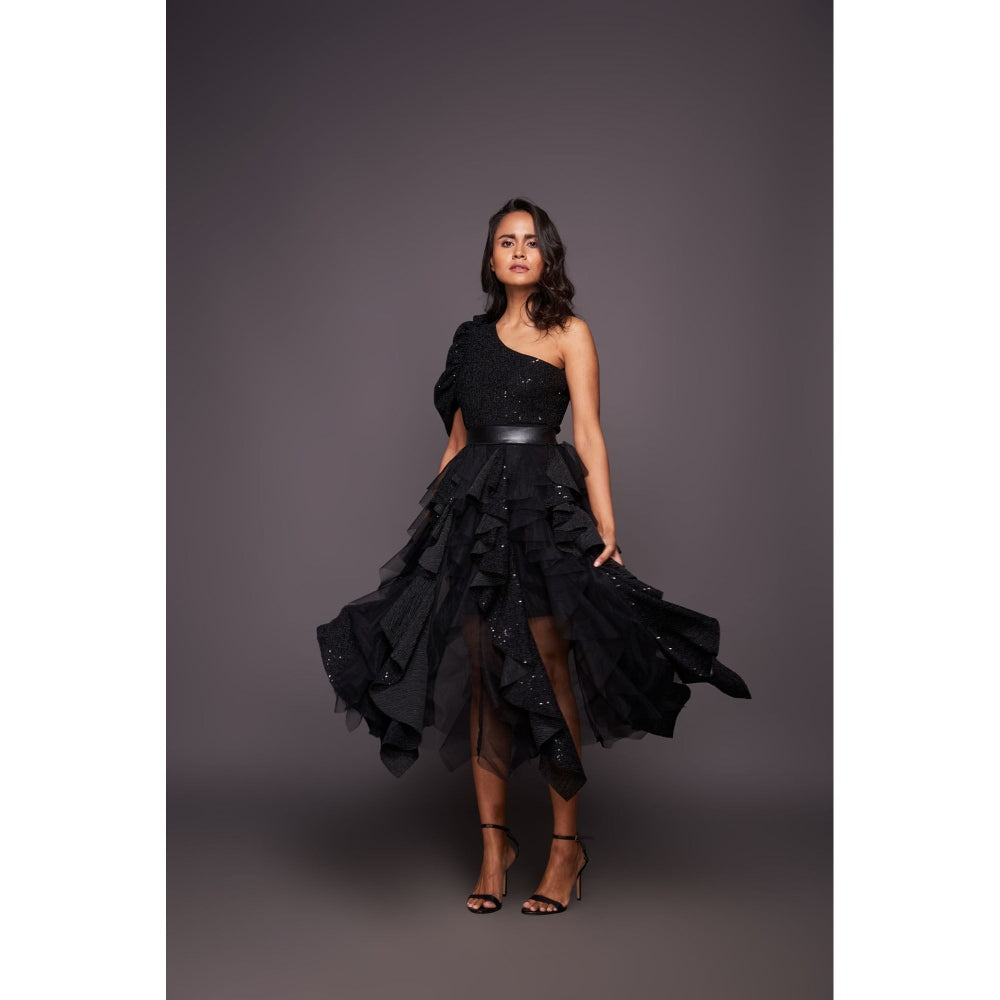 Deepika Arora Black One Shoulder Bodysuit with Sequin Ruffled Skirt and Belt (Set of 3)