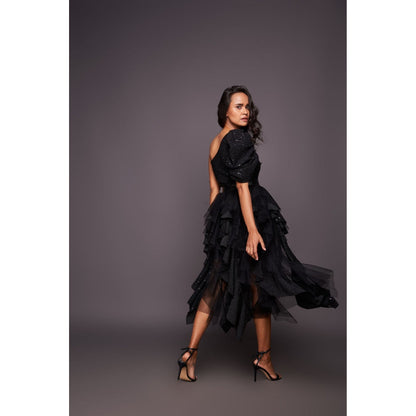Deepika Arora Black One Shoulder Bodysuit with Sequin Ruffled Skirt and Belt (Set of 3)