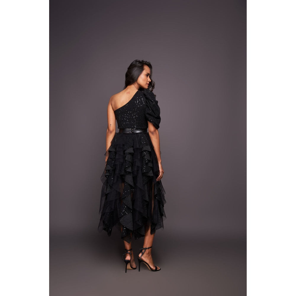 Deepika Arora Black One Shoulder Bodysuit with Sequin Ruffled Skirt and Belt (Set of 3)