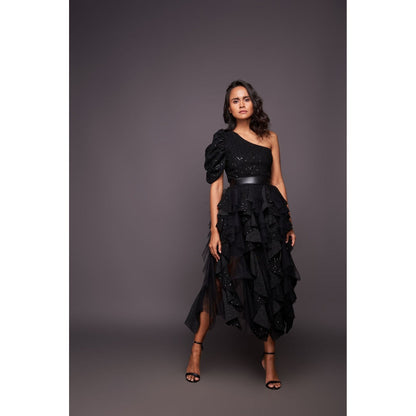 Deepika Arora Black One Shoulder Bodysuit with Sequin Ruffled Skirt and Belt (Set of 3)