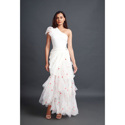 Deepika Arora White One Shoulder Bodysuit with Skirt (Set of 2)