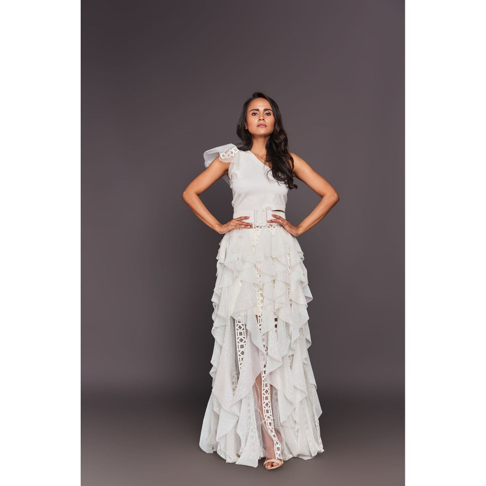 Deepika Arora White One Shoulder Sequined Ruffled Maxi Dress with belt (Set of 3)