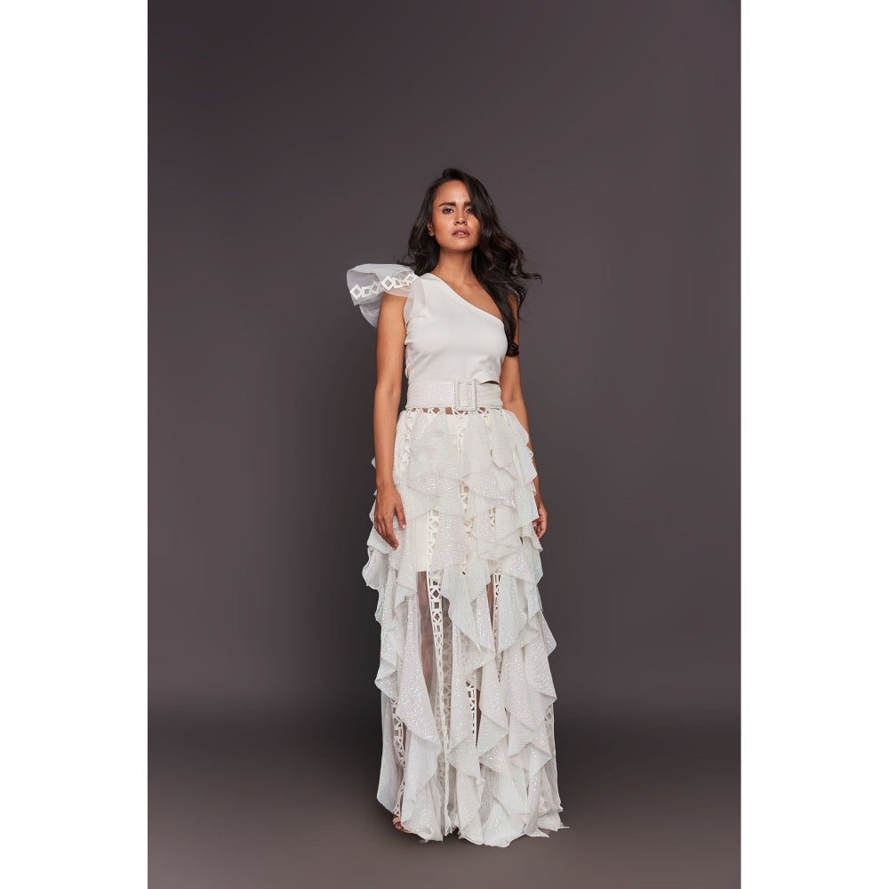 Deepika Arora White One Shoulder Sequined Ruffled Maxi Dress with belt (Set of 3)