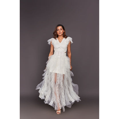Deepika Arora White V Neck Ruffled Dress with Inner Skirt and Belt (Set of 3)