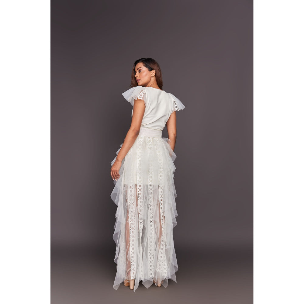 Deepika Arora White V Neck Ruffled Dress with Inner Skirt and Belt (Set of 3)