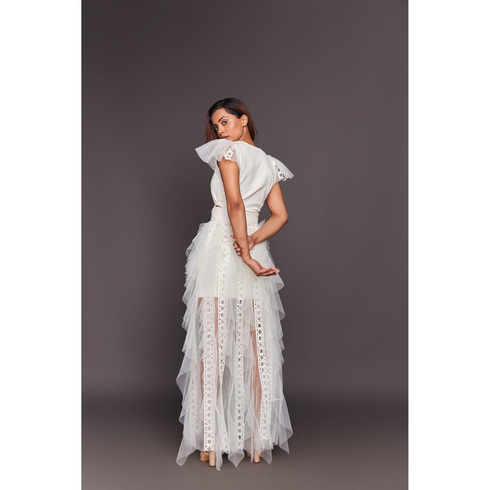 Deepika Arora White V Neck Ruffled Dress with Inner Skirt and Belt (Set of 3)