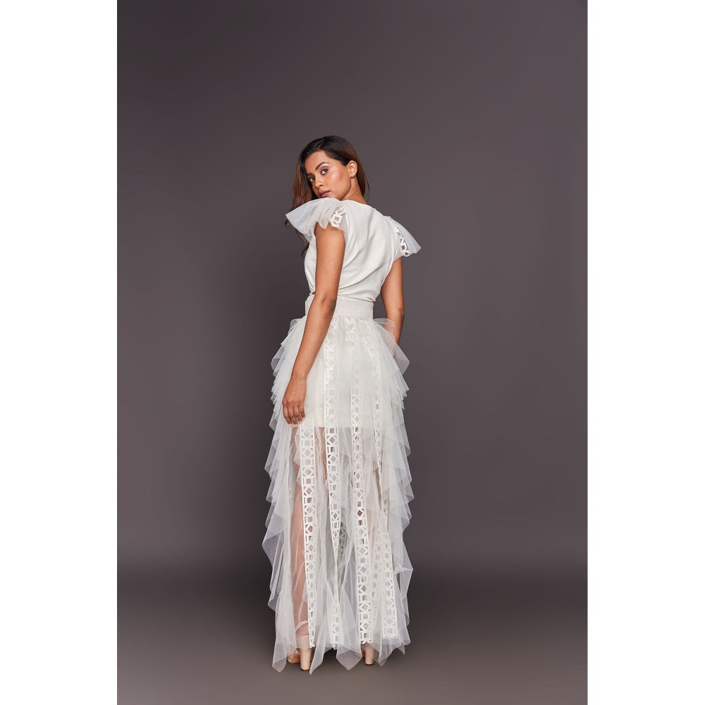 Deepika Arora White V Neck Ruffled Dress with Inner Skirt and Belt (Set of 3)