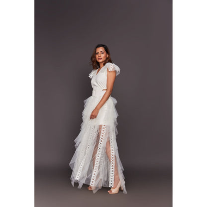 Deepika Arora White V Neck Ruffled Dress with Inner Skirt and Belt (Set of 3)
