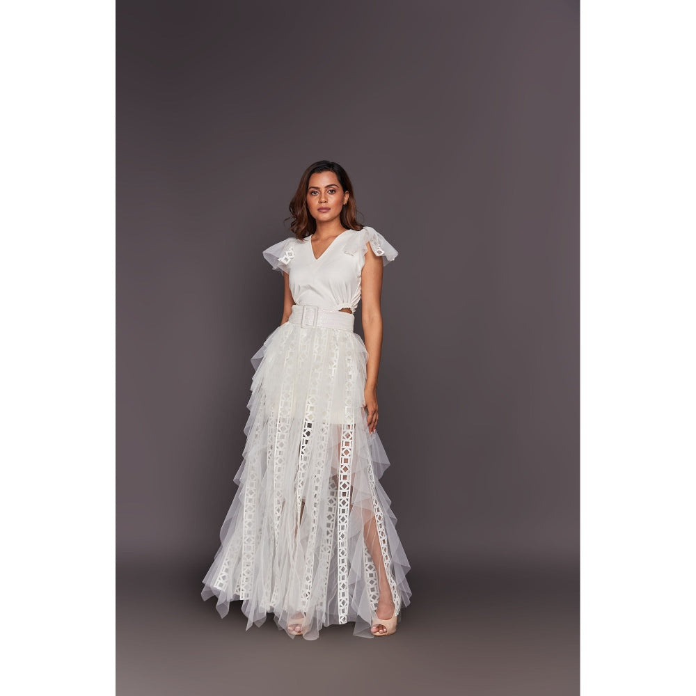 Deepika Arora White V Neck Ruffled Dress with Inner Skirt and Belt (Set of 3)