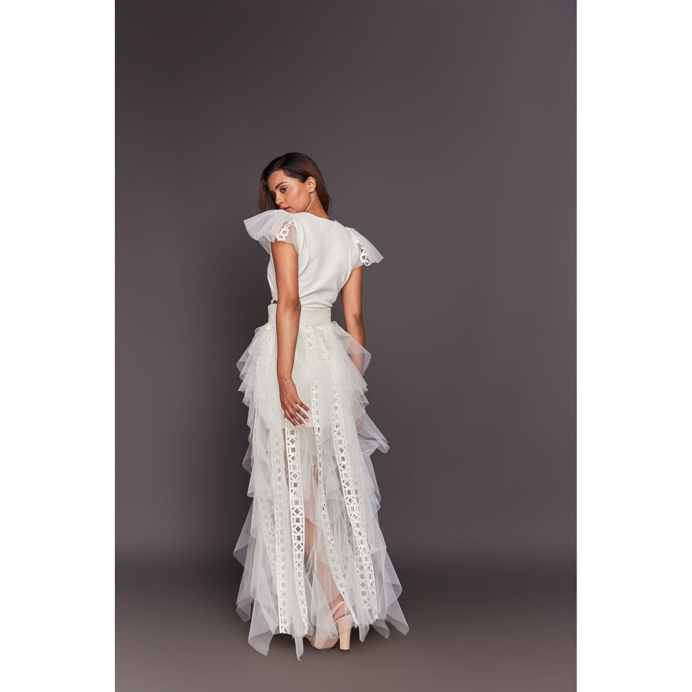 Deepika Arora White V Neck Ruffled Dress with Inner Skirt and Belt (Set of 3)