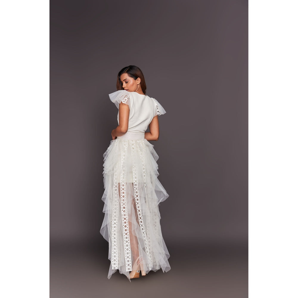 Deepika Arora White V Neck Ruffled Dress with Inner Skirt and Belt (Set of 3)