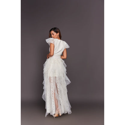 Deepika Arora White V Neck Ruffled Dress with Inner Skirt and Belt (Set of 3)