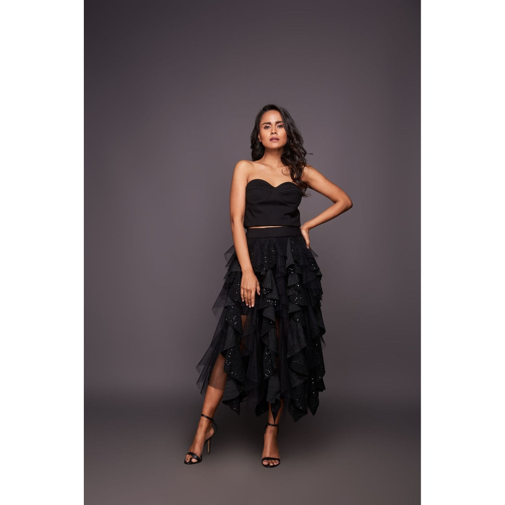 Deepika Arora Black Corset Top with Sequin Ruffled Skirt (Set of 2)