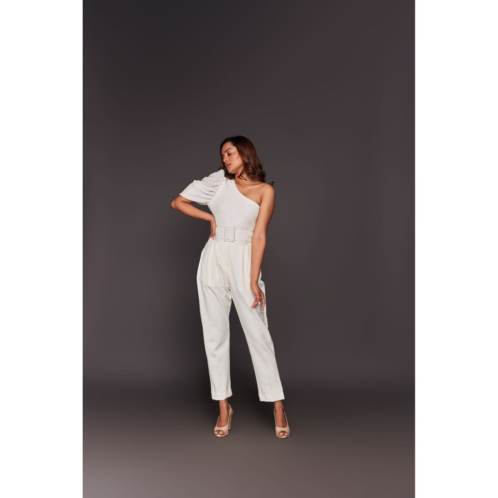 Deepika Arora White One Shoulder Bodysuit with Straight Panta and Belt (Set of 3)