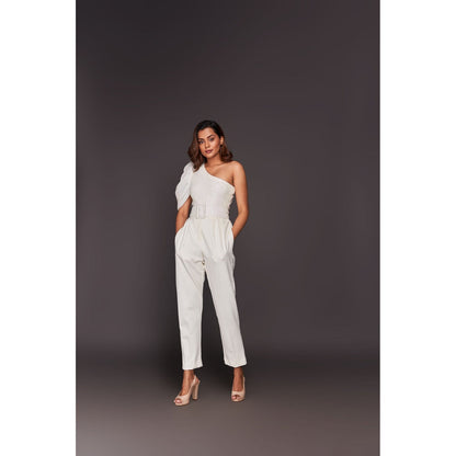 Deepika Arora White One Shoulder Bodysuit with Straight Panta and Belt (Set of 3)