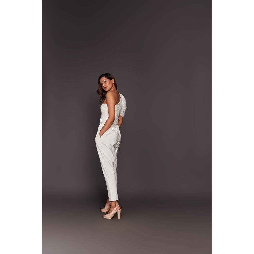 Deepika Arora White One Shoulder Bodysuit with Straight Panta and Belt (Set of 3)
