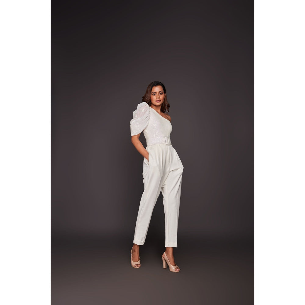 Deepika Arora White One Shoulder Bodysuit with Straight Panta and Belt (Set of 3)