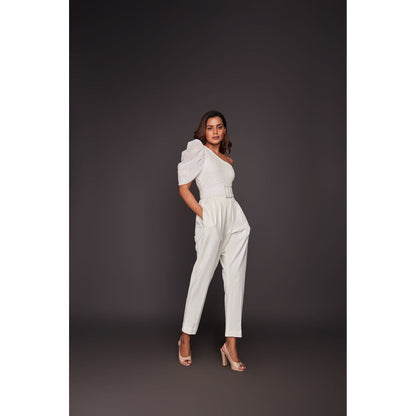 Deepika Arora White One Shoulder Bodysuit with Straight Panta and Belt (Set of 3)
