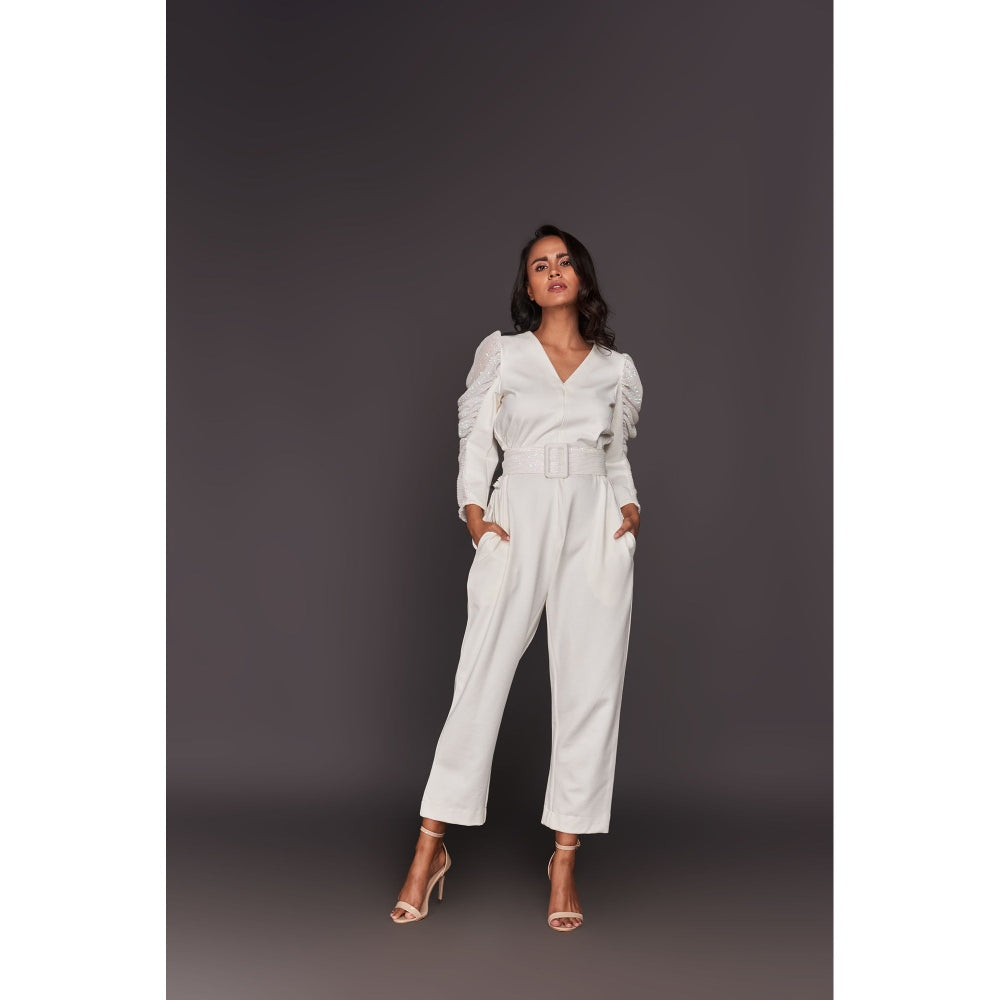 Deepika Arora White Sequin Sleeves Jumpsuit with Belt (Set of 2)