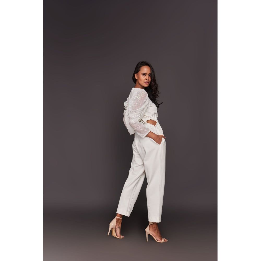 Deepika Arora White Sequin Sleeves Jumpsuit with Belt (Set of 2)