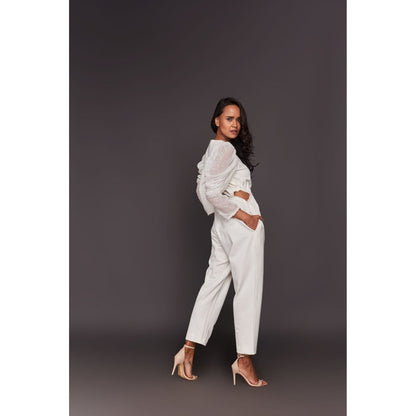 Deepika Arora White Sequin Sleeves Jumpsuit with Belt (Set of 2)