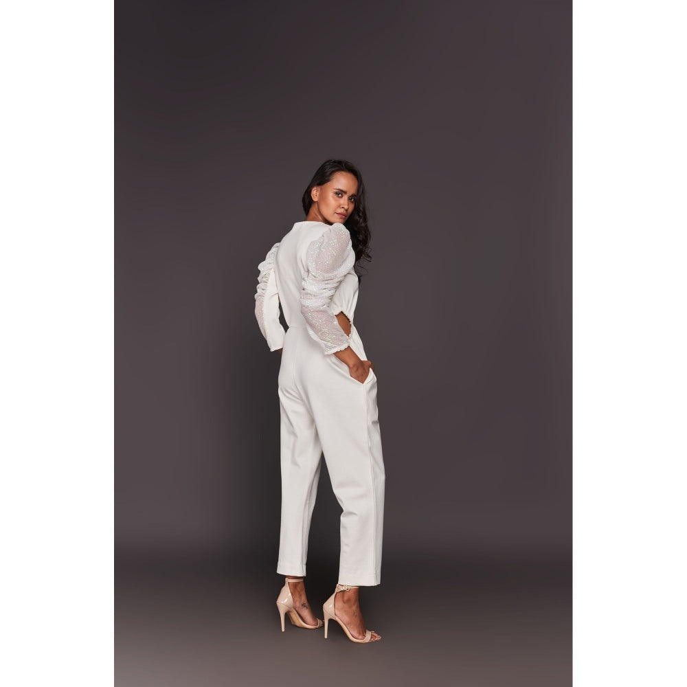 Deepika Arora White Sequin Sleeves Jumpsuit with Belt (Set of 2)