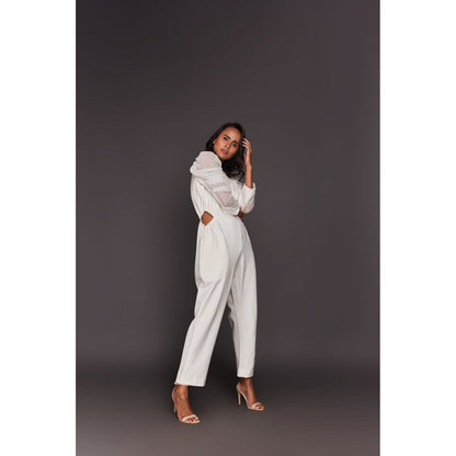 Deepika Arora White Sequin Sleeves Jumpsuit with Belt (Set of 2)