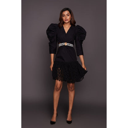 Deepika Arora Black Side Cut-Out Knee Length Dress with Belt (Set of 2)