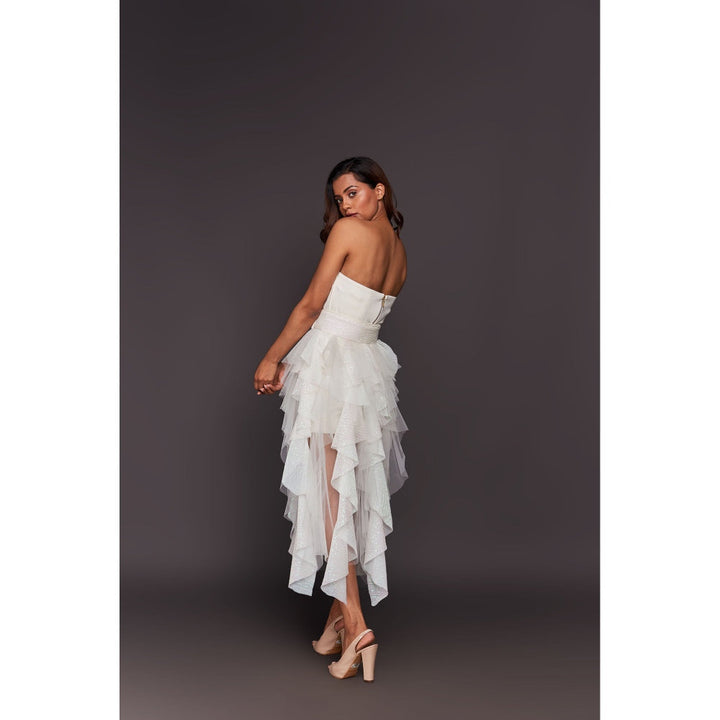 Deepika Arora White Corset Top with Sequin Ruffled Skirt, Belt and Inner Skirt (Set of 4)