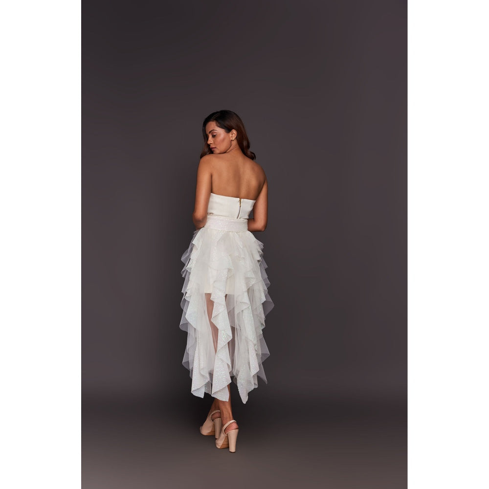 Deepika Arora White Corset Top with Sequin Ruffled Skirt, Belt and Inner Skirt (Set of 4)